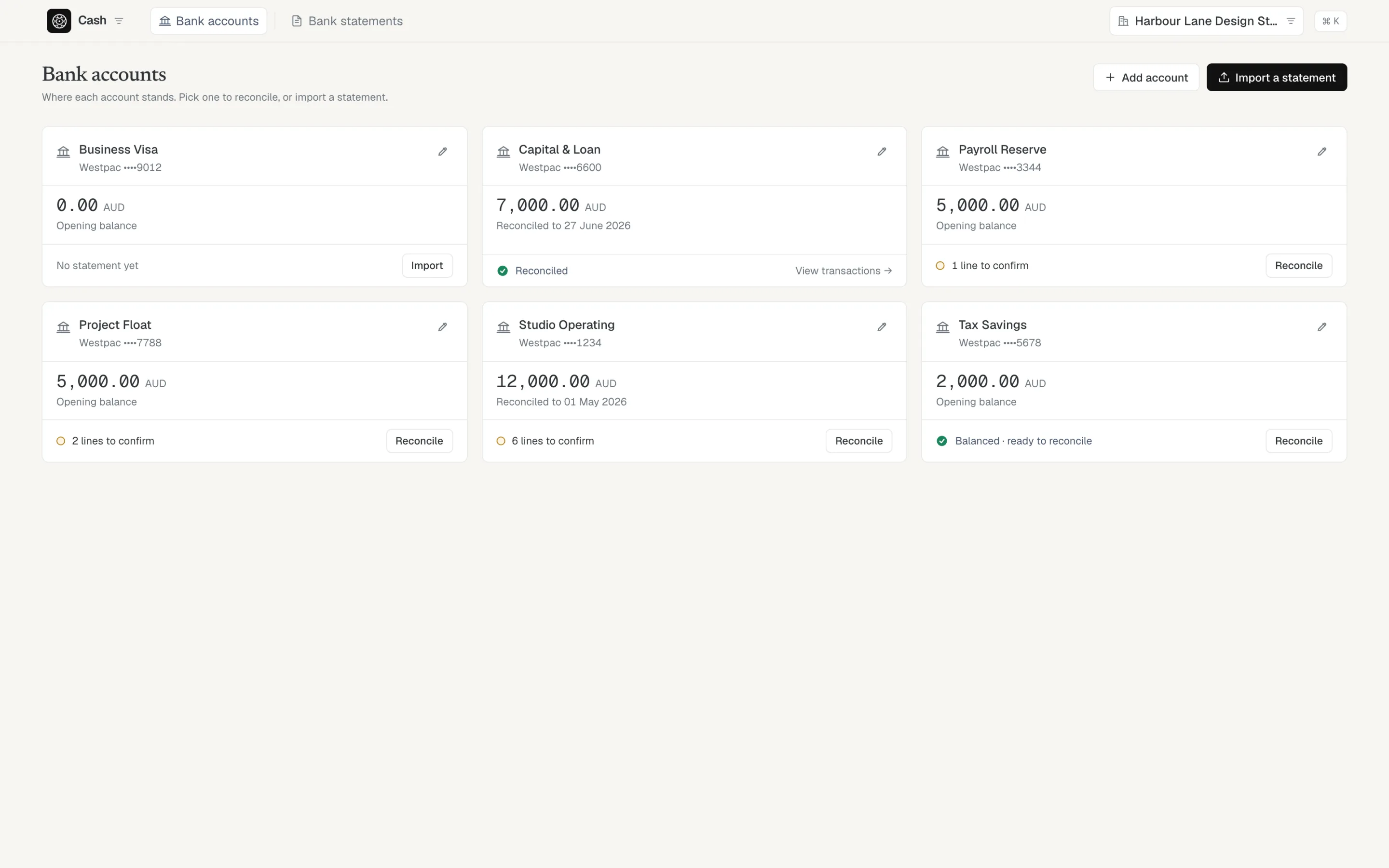 The bank accounts hub showing each account's balance, reconciled-to date, and the next action it needs.